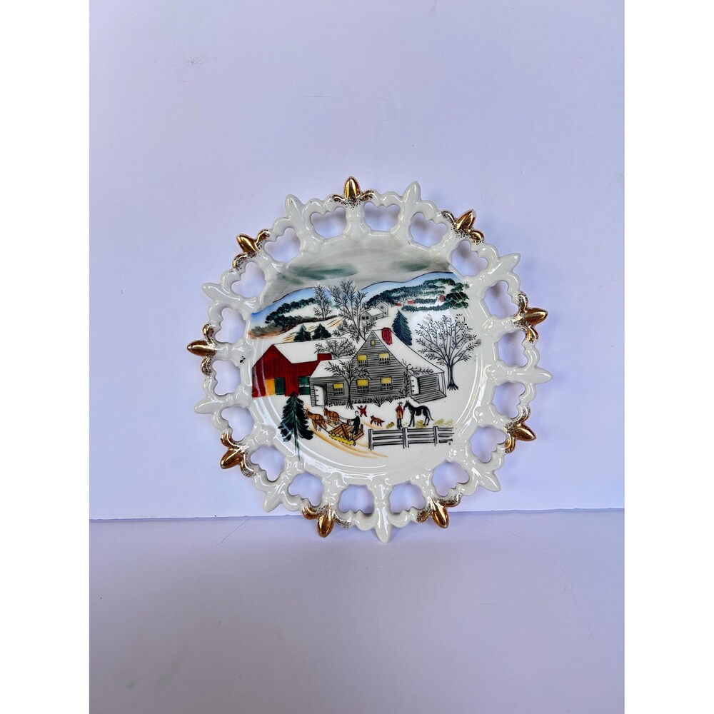 Vintage Norcrest Japan Hand Painted Winter Farm Scene Plate - Model N-P-206-E